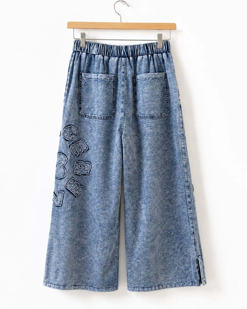 POL Acid Wash Wide-Leg Drawstring Jeans with ‘GRACE' and 'PEACE LOVE' Patches - Picture 2 of 3